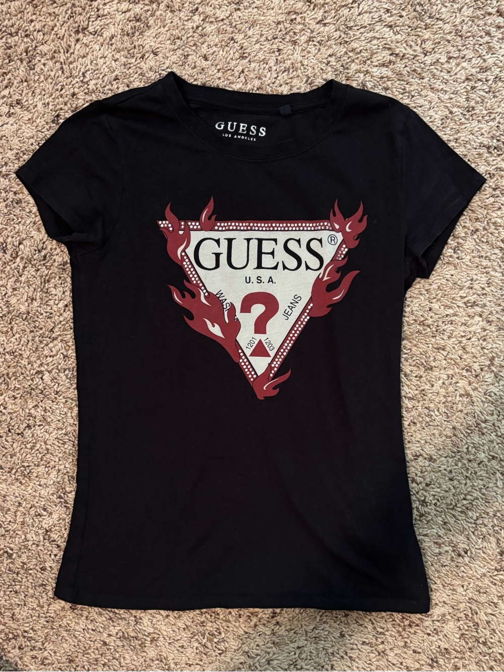 GUESS Black Short-Sleeve Tee with Red Flame Triangle Logo